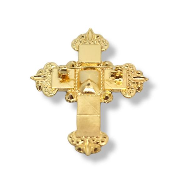 Elegant Goldtone Square and Round Crystal Cross Brooch - Picture 2 of 3
